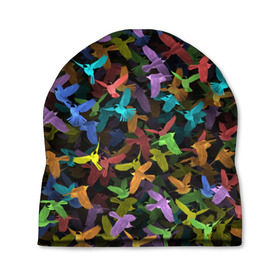 Шапка 3D с принтом Разноцветные птички в Белгороде, 100% полиэстер | универсальный размер, печать по всей поверхности изделия | ворбьи | куча | паттерн | птица | птицы | радуга | радужный | синцы | стая | текстура