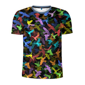 Мужская футболка 3D спортивная с принтом Разноцветные птички в Белгороде, 100% полиэстер с улучшенными характеристиками | приталенный силуэт, круглая горловина, широкие плечи, сужается к линии бедра | ворбьи | куча | паттерн | птица | птицы | радуга | радужный | синцы | стая | текстура