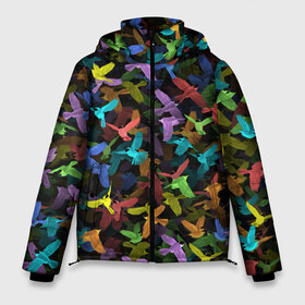 Мужская зимняя куртка 3D с принтом Разноцветные птички в Белгороде, верх — 100% полиэстер; подкладка — 100% полиэстер; утеплитель — 100% полиэстер | длина ниже бедра, свободный силуэт Оверсайз. Есть воротник-стойка, отстегивающийся капюшон и ветрозащитная планка. 

Боковые карманы с листочкой на кнопках и внутренний карман на молнии. | ворбьи | куча | паттерн | птица | птицы | радуга | радужный | синцы | стая | текстура