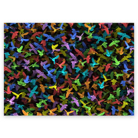 Поздравительная открытка с принтом Разноцветные птички в Белгороде, 100% бумага | плотность бумаги 280 г/м2, матовая, на обратной стороне линовка и место для марки
 | ворбьи | куча | паттерн | птица | птицы | радуга | радужный | синцы | стая | текстура