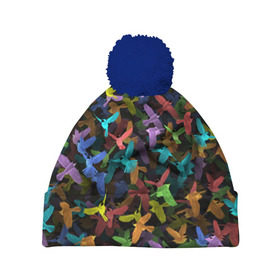 Шапка 3D c помпоном с принтом Разноцветные птички в Белгороде, 100% полиэстер | универсальный размер, печать по всей поверхности изделия | ворбьи | куча | паттерн | птица | птицы | радуга | радужный | синцы | стая | текстура