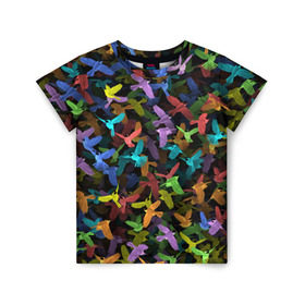 Детская футболка 3D с принтом Разноцветные птички в Белгороде, 100% гипоаллергенный полиэфир | прямой крой, круглый вырез горловины, длина до линии бедер, чуть спущенное плечо, ткань немного тянется | Тематика изображения на принте: ворбьи | куча | паттерн | птица | птицы | радуга | радужный | синцы | стая | текстура