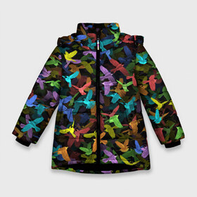 Зимняя куртка для девочек 3D с принтом Разноцветные птички в Белгороде, ткань верха — 100% полиэстер; подклад — 100% полиэстер, утеплитель — 100% полиэстер. | длина ниже бедра, удлиненная спинка, воротник стойка и отстегивающийся капюшон. Есть боковые карманы с листочкой на кнопках, утяжки по низу изделия и внутренний карман на молнии. 

Предусмотрены светоотражающий принт на спинке, радужный светоотражающий элемент на пуллере молнии и на резинке для утяжки. | ворбьи | куча | паттерн | птица | птицы | радуга | радужный | синцы | стая | текстура