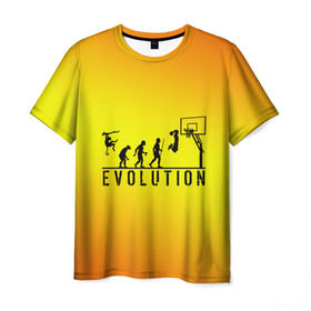 Мужская футболка 3D с принтом Эволюция баскетбола в Белгороде, 100% полиэфир | прямой крой, круглый вырез горловины, длина до линии бедер | Тематика изображения на принте: basketball | evolution | желтый | обезьяна человек | оранжевый | эволюция