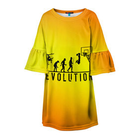 Детское платье 3D с принтом Эволюция баскетбола в Белгороде, 100% полиэстер | прямой силуэт, чуть расширенный к низу. Круглая горловина, на рукавах — воланы | basketball | evolution | желтый | обезьяна человек | оранжевый | эволюция