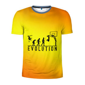 Мужская футболка 3D спортивная с принтом Эволюция баскетбола в Белгороде, 100% полиэстер с улучшенными характеристиками | приталенный силуэт, круглая горловина, широкие плечи, сужается к линии бедра | Тематика изображения на принте: basketball | evolution | желтый | обезьяна человек | оранжевый | эволюция