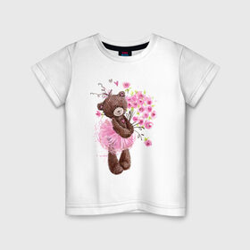 Детская футболка хлопок с принтом Цветы в Белгороде, 100% хлопок | круглый вырез горловины, полуприлегающий силуэт, длина до линии бедер | акварель | балерина | девочка | игрушка | медведь | мило | мимими | пачка | плюшевый | рисунок | розы | сердце | теди