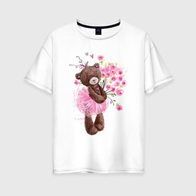 Женская футболка хлопок Oversize с принтом Цветы в Белгороде, 100% хлопок | свободный крой, круглый ворот, спущенный рукав, длина до линии бедер
 | акварель | балерина | девочка | игрушка | медведь | мило | мимими | пачка | плюшевый | рисунок | розы | сердце | теди
