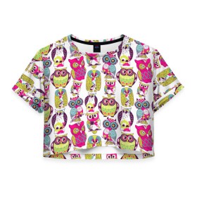 Женская футболка 3D укороченная с принтом Совы в Белгороде, 100% полиэстер | круглая горловина, длина футболки до линии талии, рукава с отворотами | абстракция | паттерн | совы | цветные | яркие