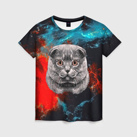 Женская футболка 3D с принтом Космический кот в Белгороде, 100% полиэфир ( синтетическое хлопкоподобное полотно) | прямой крой, круглый вырез горловины, длина до линии бедер | Тематика изображения на принте: 3d | cat | арт | взгляд | кот | кот хипстер | котёнок | котятки | котятушки | кошечки | кошка | мордочка