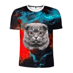 Мужская футболка 3D спортивная с принтом Космический кот в Белгороде, 100% полиэстер с улучшенными характеристиками | приталенный силуэт, круглая горловина, широкие плечи, сужается к линии бедра | 3d | cat | арт | взгляд | кот | кот хипстер | котёнок | котятки | котятушки | кошечки | кошка | мордочка