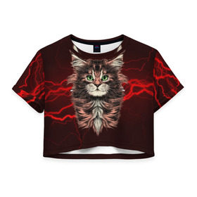 Женская футболка 3D укороченная с принтом Electro cat в Белгороде, 100% полиэстер | круглая горловина, длина футболки до линии талии, рукава с отворотами | cat | взгляд | кот | кот хипстер | котёнок | котятки | кошка | молния | мордочка | разряд | электричество