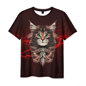 Мужская футболка 3D с принтом Electro cat в Белгороде, 100% полиэфир | прямой крой, круглый вырез горловины, длина до линии бедер | Тематика изображения на принте: cat | взгляд | кот | кот хипстер | котёнок | котятки | кошка | молния | мордочка | разряд | электричество