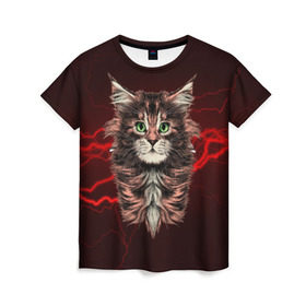 Женская футболка 3D с принтом Electro cat в Белгороде, 100% полиэфир ( синтетическое хлопкоподобное полотно) | прямой крой, круглый вырез горловины, длина до линии бедер | cat | взгляд | кот | кот хипстер | котёнок | котятки | кошка | молния | мордочка | разряд | электричество