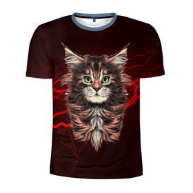 Мужская футболка 3D спортивная с принтом Electro cat в Белгороде, 100% полиэстер с улучшенными характеристиками | приталенный силуэт, круглая горловина, широкие плечи, сужается к линии бедра | Тематика изображения на принте: cat | взгляд | кот | кот хипстер | котёнок | котятки | кошка | молния | мордочка | разряд | электричество