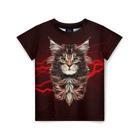 Детская футболка 3D с принтом Electro cat в Белгороде, 100% гипоаллергенный полиэфир | прямой крой, круглый вырез горловины, длина до линии бедер, чуть спущенное плечо, ткань немного тянется | cat | взгляд | кот | кот хипстер | котёнок | котятки | кошка | молния | мордочка | разряд | электричество