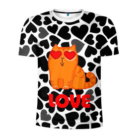 Мужская футболка 3D спортивная с принтом Влюбленный котик в Белгороде, 100% полиэстер с улучшенными характеристиками | приталенный силуэт, круглая горловина, широкие плечи, сужается к линии бедра | сердечки