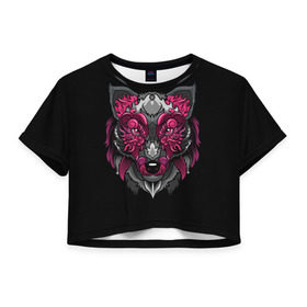 Женская футболка 3D укороченная с принтом Волк в Белгороде, 100% полиэстер | круглая горловина, длина футболки до линии талии, рукава с отворотами | wolf | арт | взгляд | графика | живопись | лис | лиса | рисунок | розовый | тотем | хищник