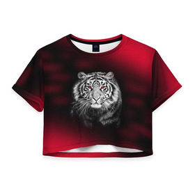 Женская футболка 3D укороченная с принтом Тигр красные глаза в Белгороде, 100% полиэстер | круглая горловина, длина футболки до линии талии, рукава с отворотами |  хищник | багровый | большая кошка | глаза. красные | красный | кровавый | тигр