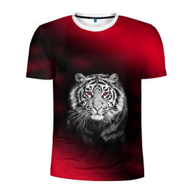 Мужская футболка 3D спортивная с принтом Тигр красные глаза в Белгороде, 100% полиэстер с улучшенными характеристиками | приталенный силуэт, круглая горловина, широкие плечи, сужается к линии бедра |  хищник | багровый | большая кошка | глаза. красные | красный | кровавый | тигр