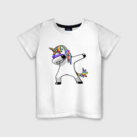 Детская футболка хлопок с принтом Unicorn dab в Белгороде, 100% хлопок | круглый вырез горловины, полуприлегающий силуэт, длина до линии бедер | Тематика изображения на принте: арт | единорог | животные | музыка
