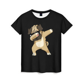 Женская футболка 3D с принтом Dog dab в Белгороде, 100% полиэфир ( синтетическое хлопкоподобное полотно) | прямой крой, круглый вырез горловины, длина до линии бедер | арт | животное | мопс | музыка | собака