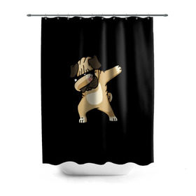 Штора 3D для ванной с принтом Dog dab в Белгороде, 100% полиэстер | плотность материала — 100 г/м2. Стандартный размер — 146 см х 180 см. По верхнему краю — пластиковые люверсы для креплений. В комплекте 10 пластиковых колец | Тематика изображения на принте: арт | животное | мопс | музыка | собака