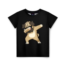 Детская футболка 3D с принтом Dog dab в Белгороде, 100% гипоаллергенный полиэфир | прямой крой, круглый вырез горловины, длина до линии бедер, чуть спущенное плечо, ткань немного тянется | арт | животное | мопс | музыка | собака