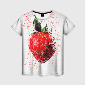 Женская футболка 3D с принтом Клубника в Белгороде, 100% полиэфир ( синтетическое хлопкоподобное полотно) | прямой крой, круглый вырез горловины, длина до линии бедер | брызги | земляника | клубника | краски | красный | природа | рисунок | фрукты
