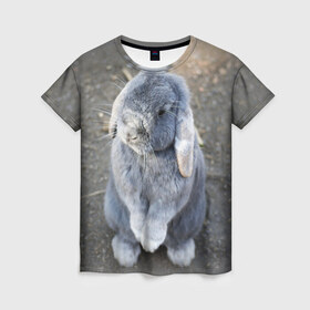 Женская футболка 3D с принтом Кролик в Белгороде, 100% полиэфир ( синтетическое хлопкоподобное полотно) | прямой крой, круглый вырез горловины, длина до линии бедер | грызун | животные | заяц | кролик | мордочка | природа | пушистый | уши