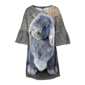 Детское платье 3D с принтом Кролик в Белгороде, 100% полиэстер | прямой силуэт, чуть расширенный к низу. Круглая горловина, на рукавах — воланы | Тематика изображения на принте: грызун | животные | заяц | кролик | мордочка | природа | пушистый | уши