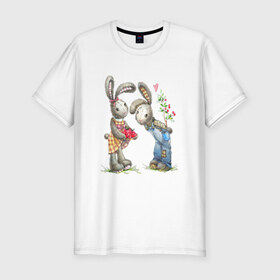 Мужская футболка премиум с принтом Любовь в Белгороде, 92% хлопок, 8% лайкра | приталенный силуэт, круглый вырез ворота, длина до линии бедра, короткий рукав | акварель | зайчиха | заяц | игрушка | кролики | мимими | плюшевый | рисунок | ягода