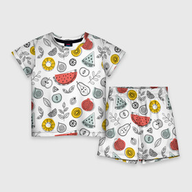 Детский костюм с шортами 3D с принтом Летний микс в Белгороде,  |  | ананас | апельсин | арбуз | груша | еда | клубника | лето | листья | минимализм | персик | раскраска | фрукты | ягоды