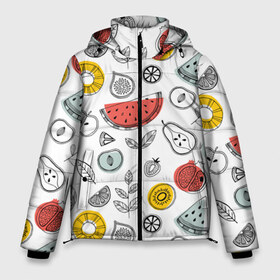 Мужская зимняя куртка 3D с принтом Летний микс в Белгороде, верх — 100% полиэстер; подкладка — 100% полиэстер; утеплитель — 100% полиэстер | длина ниже бедра, свободный силуэт Оверсайз. Есть воротник-стойка, отстегивающийся капюшон и ветрозащитная планка. 

Боковые карманы с листочкой на кнопках и внутренний карман на молнии. | ананас | апельсин | арбуз | груша | еда | клубника | лето | листья | минимализм | персик | раскраска | фрукты | ягоды