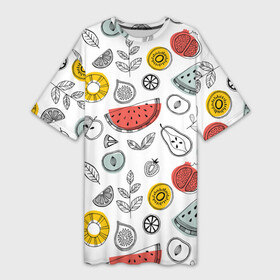 Платье-футболка 3D с принтом Летний микс в Белгороде,  |  | ананас | апельсин | арбуз | груша | еда | клубника | лето | листья | минимализм | персик | раскраска | фрукты | ягоды