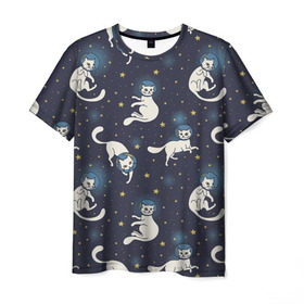 Мужская футболка 3D с принтом Космокотики в Белгороде, 100% полиэфир | прямой крой, круглый вырез горловины, длина до линии бедер | звёзды | космос | кот | котик | кошка | паттерн | скафандр