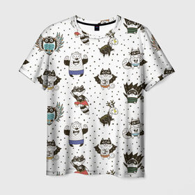 Мужская футболка 3D с принтом Лесные супергерои в Белгороде, 100% полиэфир | прямой крой, круглый вырез горловины, длина до линии бедер | енот | лес | лис | лось | медведь | паттерн | сова