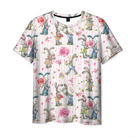 Мужская футболка 3D с принтом Кролики в Белгороде, 100% полиэфир | прямой крой, круглый вырез горловины, длина до линии бедер | акварель | зайчиха | заяц | кролиха | кроль | любовь | подарок | полоска | рисунок | сердце