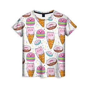 Женская футболка 3D с принтом Сладкие котики в Белгороде, 100% полиэфир ( синтетическое хлопкоподобное полотно) | прямой крой, круглый вырез горловины, длина до линии бедер | конфетти | котики | мороженое | пломбир | пончики | рожок