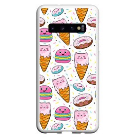 Чехол для Samsung Galaxy S10 с принтом Сладкие котики в Белгороде, Силикон | Область печати: задняя сторона чехла, без боковых панелей | конфетти | котики | мороженое | пломбир | пончики | рожок