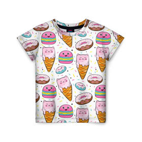 Детская футболка 3D с принтом Сладкие котики в Белгороде, 100% гипоаллергенный полиэфир | прямой крой, круглый вырез горловины, длина до линии бедер, чуть спущенное плечо, ткань немного тянется | конфетти | котики | мороженое | пломбир | пончики | рожок