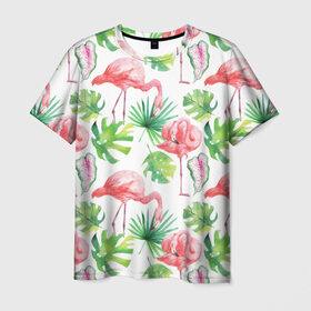 Мужская футболка 3D с принтом Розовые в Белгороде, 100% полиэфир | прямой крой, круглый вырез горловины, длина до линии бедер | Тематика изображения на принте: листья | папоротник | паттерн | фламинго