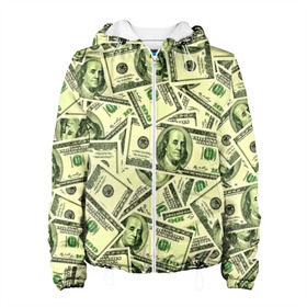 Женская куртка 3D с принтом Benjamin Franklin в Белгороде, ткань верха — 100% полиэстер, подклад — флис | прямой крой, подол и капюшон оформлены резинкой с фиксаторами, два кармана без застежек по бокам, один большой потайной карман на груди. Карман на груди застегивается на липучку | Тематика изображения на принте: 3d | benjamin franklin | америка | богатство | валюта | денежные купюры | деньги | доллар | зеленые | сша | текстуры