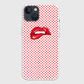 Чехол для iPhone 13 с принтом Губы Горох в Белгороде,  |  | swag | блики | девушка | женщина | зубы | королева | красная помада | красный горошек | лицо | поцелуй | прикус | принт | улыбка | целовать