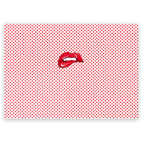 Поздравительная открытка с принтом Губы Горох в Белгороде, 100% бумага | плотность бумаги 280 г/м2, матовая, на обратной стороне линовка и место для марки
 | swag | блики | девушка | женщина | зубы | королева | красная помада | красный горошек | лицо | поцелуй | прикус | принт | улыбка | целовать