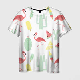 Мужская футболка 3D с принтом Flamingo print в Белгороде, 100% полиэфир | прямой крой, круглый вырез горловины, длина до линии бедер | animals | beautiful | blue | color | cute | nature | sea | water | wild | белое | вода | голубое | животные | красивое | красота | милое | море | морское | природа | птица | птицы | птичка | птички | синее | цвет | чёрное | яркое