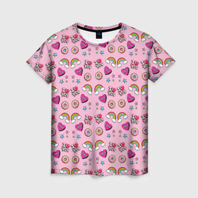 Женская футболка 3D с принтом Стикеры для Нее в Белгороде, 100% полиэфир ( синтетическое хлопкоподобное полотно) | прямой крой, круглый вырез горловины, длина до линии бедер | звезды | пончик | радуга | розовый | сердечко | я тебя люблю