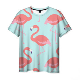 Мужская футболка 3D с принтом Flamingos pattern в Белгороде, 100% полиэфир | прямой крой, круглый вырез горловины, длина до линии бедер | animals | beautiful | bird | birds | birdy | blue | color | flamingo | nature | wild | белое | голубое | животные | красивое | красота | милое | природа | птица | птицы | птичка | птички | синее | фламинго | цвет | яркое