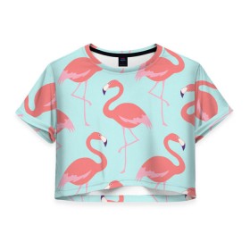 Женская футболка 3D укороченная с принтом Flamingos pattern в Белгороде, 100% полиэстер | круглая горловина, длина футболки до линии талии, рукава с отворотами | animals | beautiful | bird | birds | birdy | blue | color | flamingo | nature | wild | белое | голубое | животные | красивое | красота | милое | природа | птица | птицы | птичка | птички | синее | фламинго | цвет | яркое