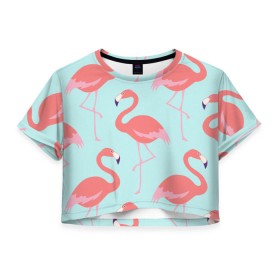 Женская футболка 3D укороченная с принтом Flamingos pattern в Белгороде, 100% полиэстер | круглая горловина, длина футболки до линии талии, рукава с отворотами | Тематика изображения на принте: animals | beautiful | bird | birds | birdy | blue | color | flamingo | nature | wild | белое | голубое | животные | красивое | красота | милое | природа | птица | птицы | птичка | птички | синее | фламинго | цвет | яркое